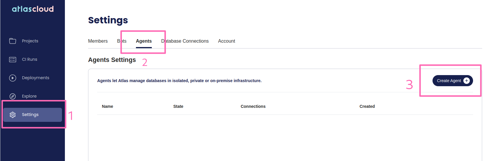 Screenshot of the Atlas Cloud settings page with the 'Agents' tab selected.