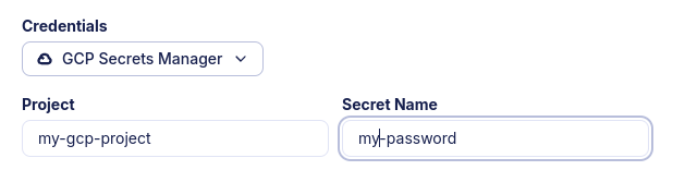 Screenshot of the Atlas Cloud UI showing the 'GCP Secrets Manager' option selected for database credentials.