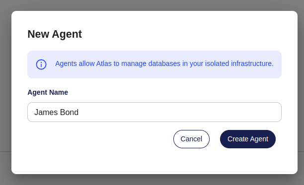 Screenshot of the 'Create Agent' modal in Atlas Cloud, asking for an agent name.