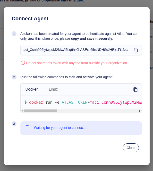 Screenshot showing the newly created agent token and instructions for running the agent with Docker or Linux.
