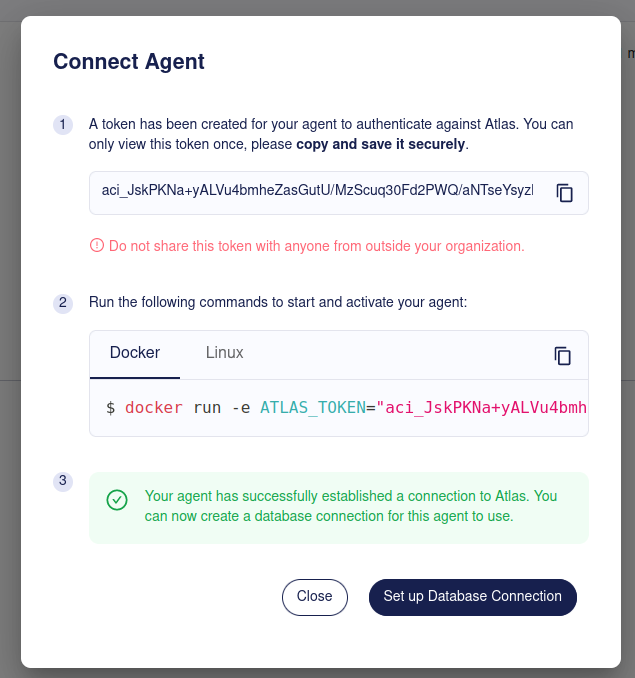Screenshot of the Atlas Cloud UI showing the agent successfully connected and running.