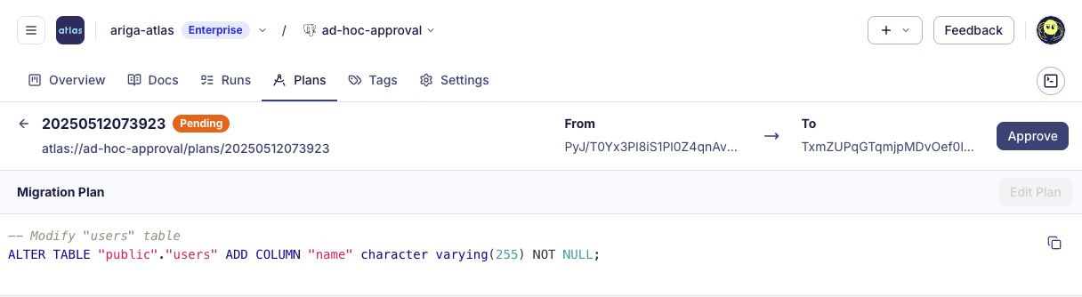 Screenshot of the Atlas Cloud UI showing a migration plan that requires approval before the Terraform Provider can apply it.
