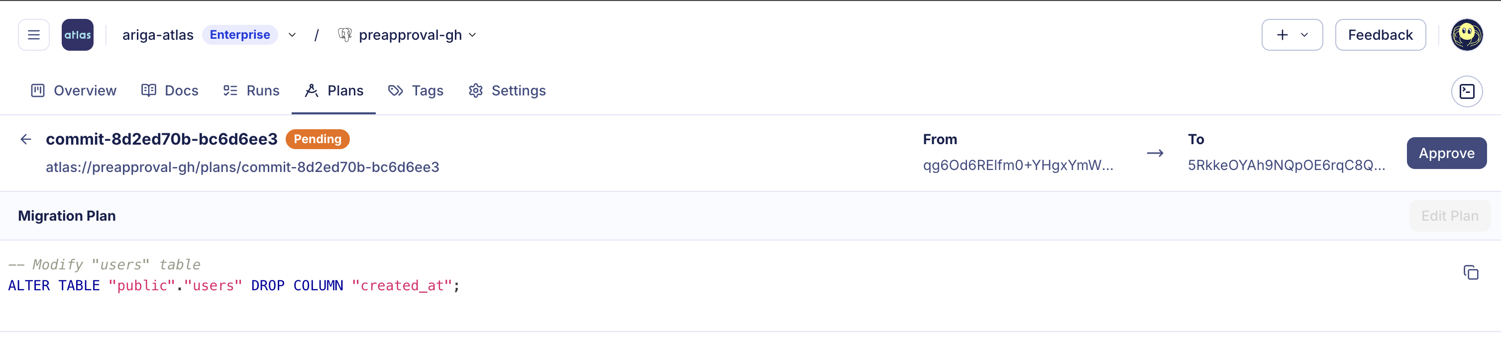 Screenshot of the Atlas Cloud UI showing a migration plan that requires approval. The plan includes a SQL statement to drop a column.