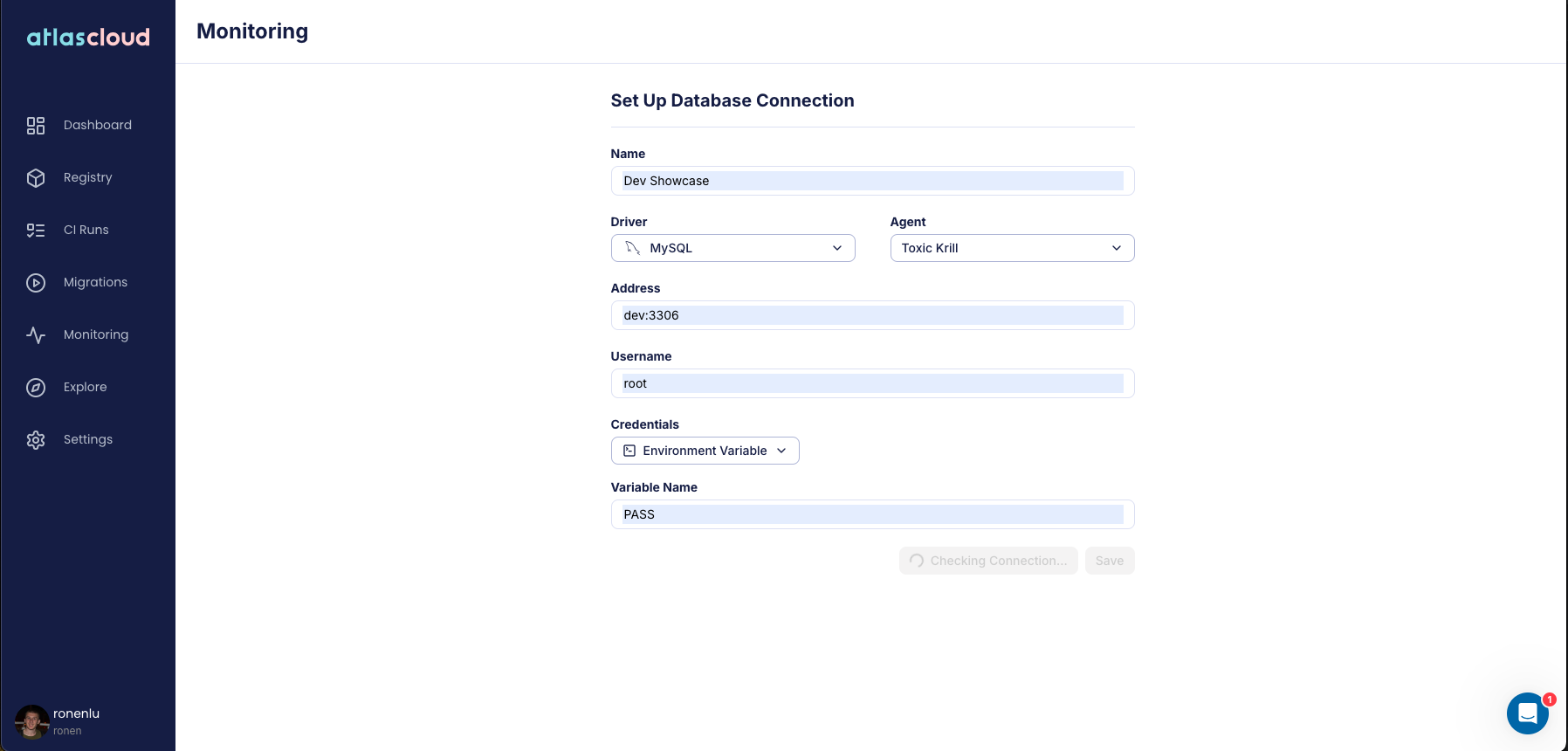 Screenshot of the Atlas Cloud UI showing the 'Add Database Instance' form being filled out.
