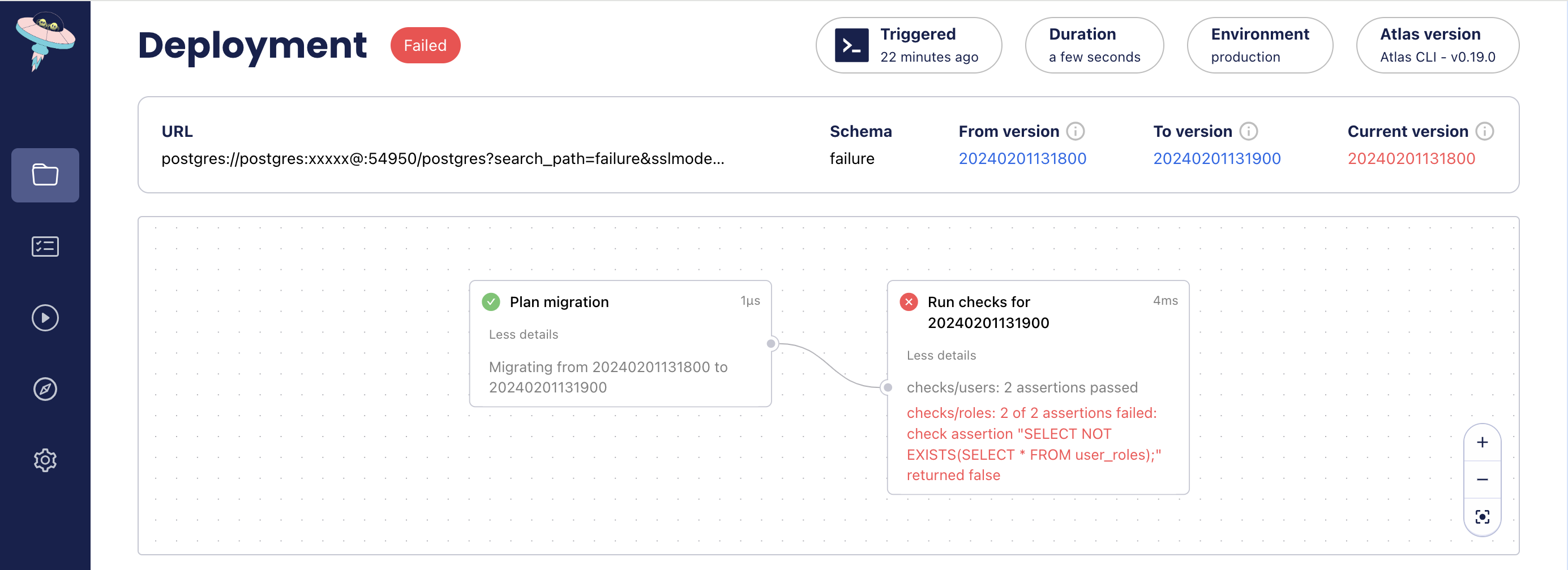 Screenshot of the Atlas Cloud UI showing a failed deployment due to a pre-migration check failure.