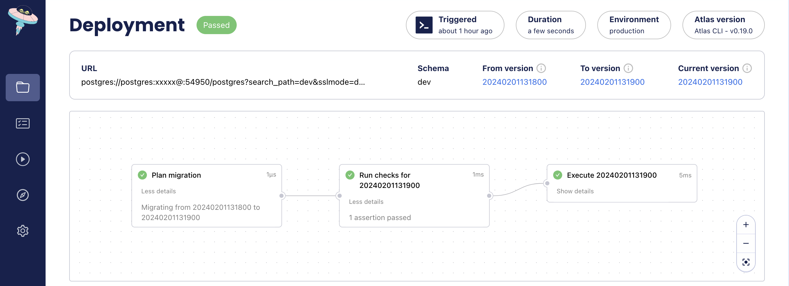 Screenshot of the Atlas Cloud UI showing a successful deployment with pre-migration checks passed.