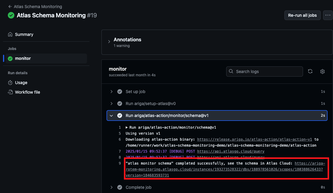 Screenshot of the GitHub Actions logs showing a successful run of the Atlas Schema Monitoring workflow with a link to the Atlas Cloud report.