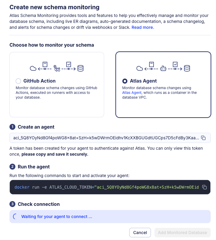 Screenshot of the Atlas Cloud UI showing the 'Create Agent' modal with a generated token.