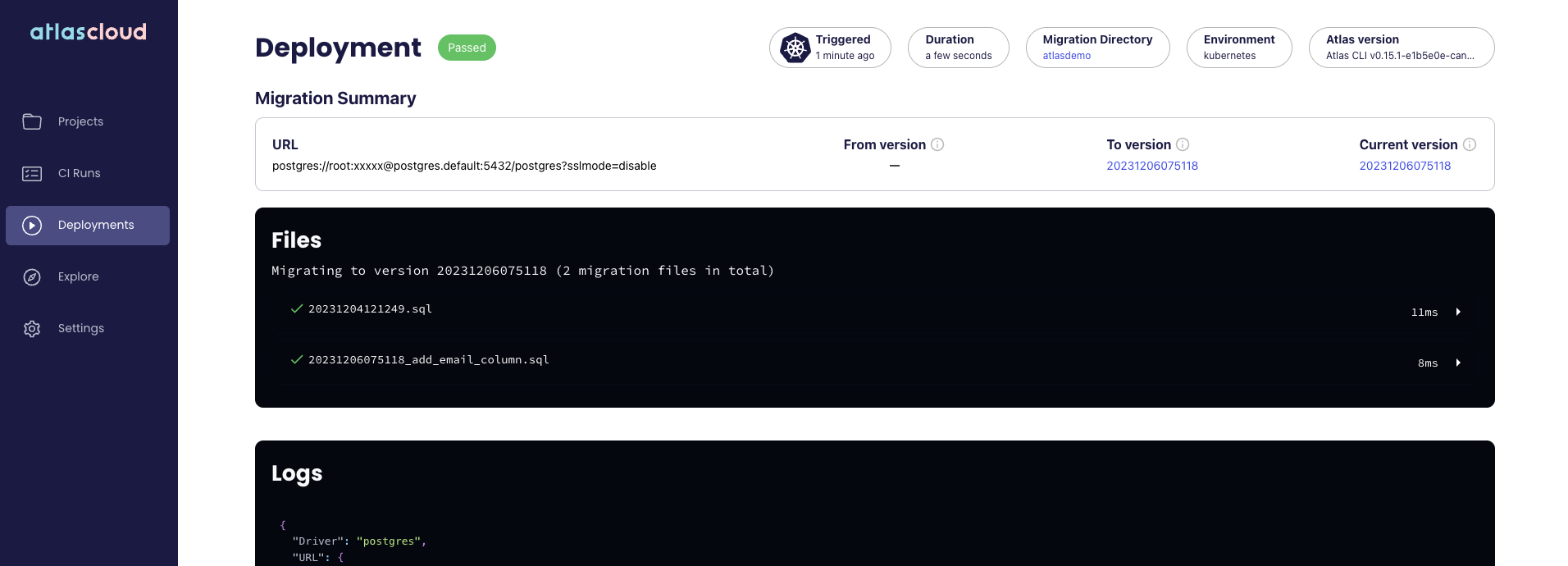 Screenshot of the Atlas Cloud deployment logs showing a successful migration run applied by the Kubernetes operator.