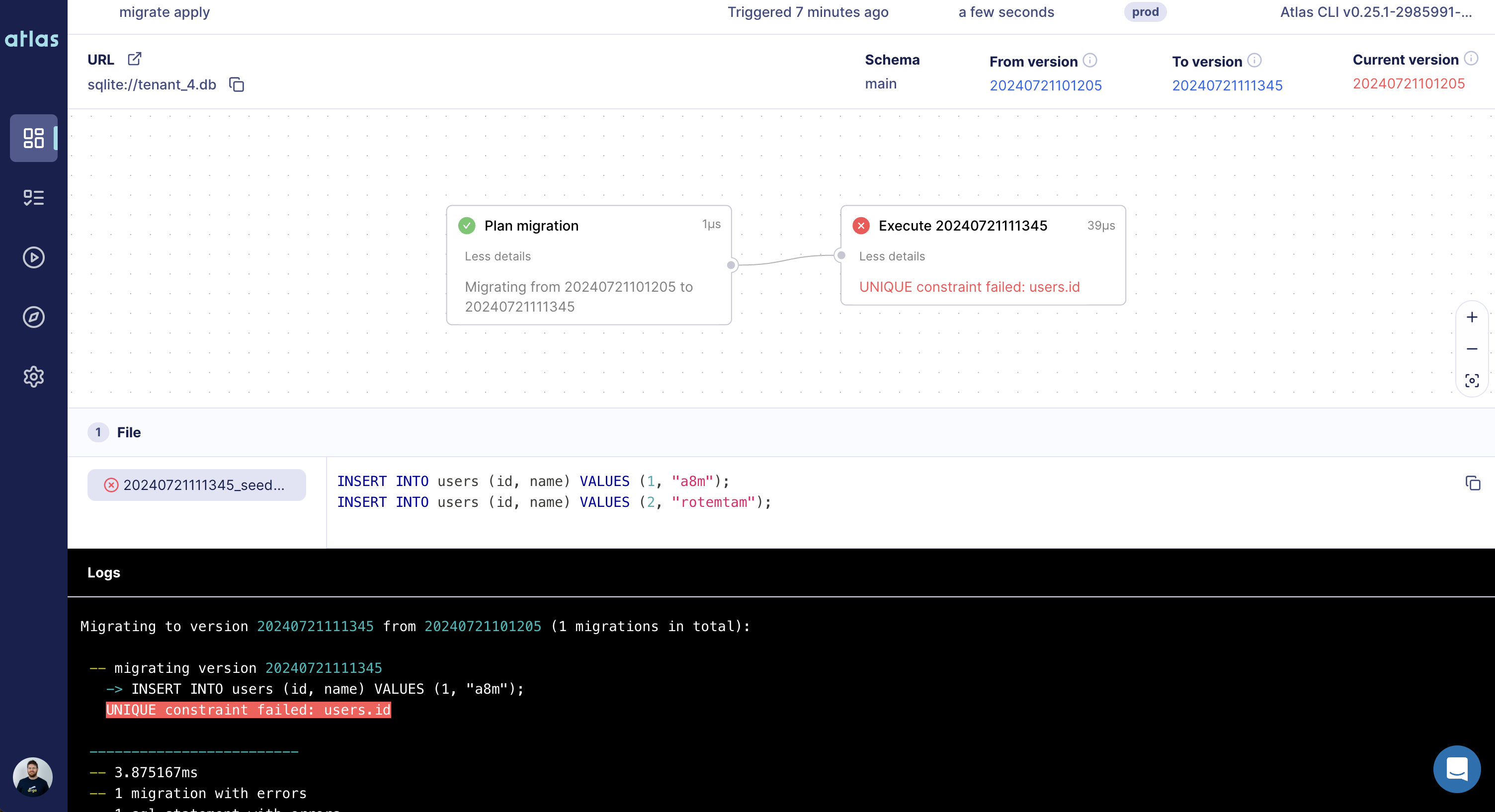 Screenshot of the detailed error report for a single failed tenant migration, showing a 'UNIQUE constraint failed' error.