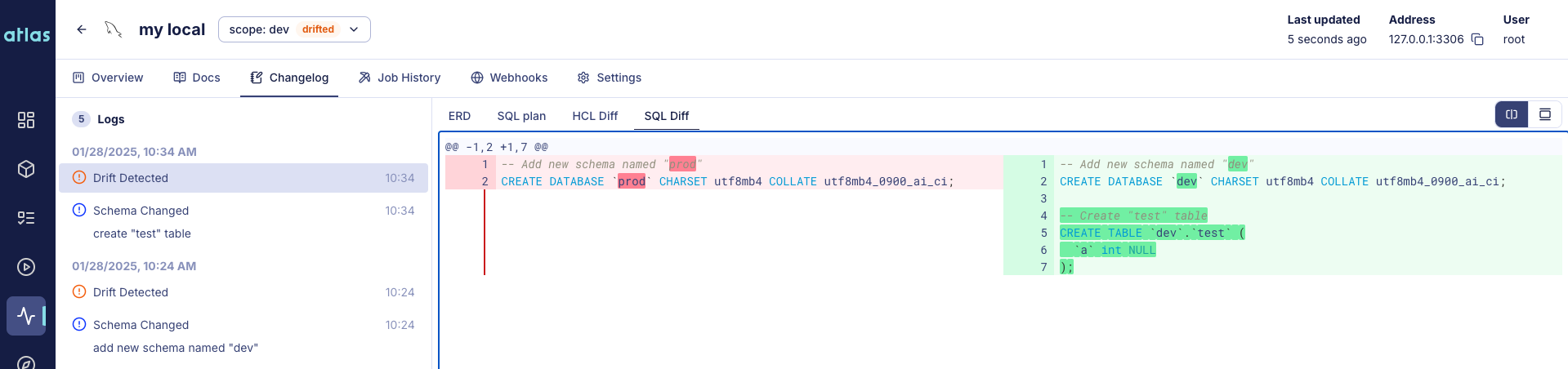 SQL Diff View for a Detected Drift