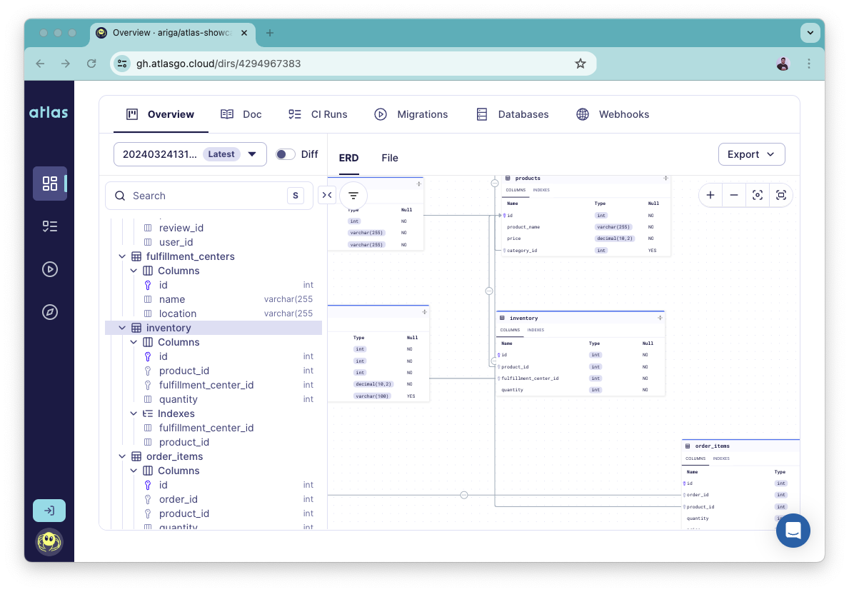 Screenshot of the Atlas Cloud ERD viewer showing the new navigation sidebar with a list of tables.