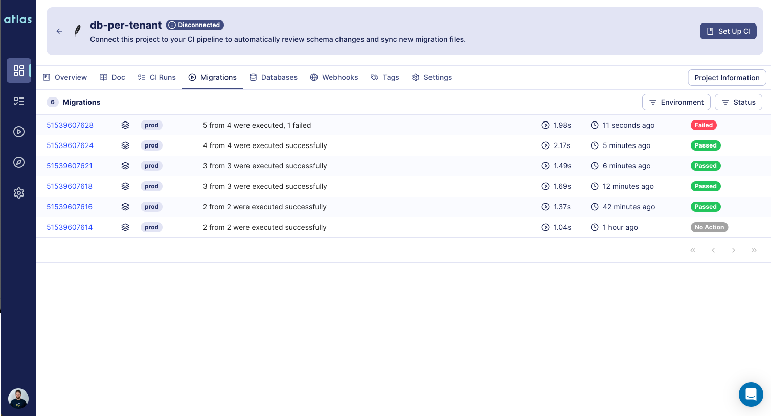 Screenshot of the Atlas Cloud 'Migrations' tab, showing a list of deployments with one marked as 'Failed'.