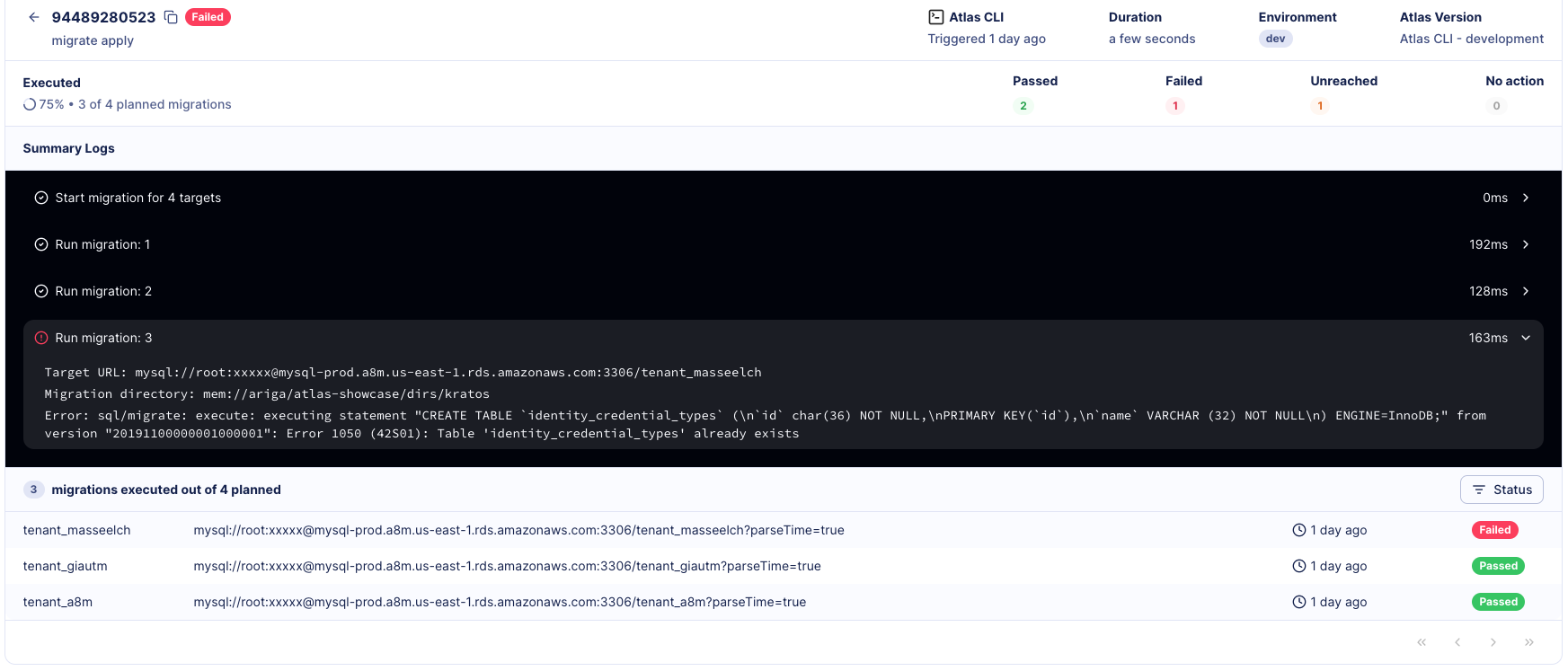 Screenshot of a failed multi-tenant deployment set in Atlas Cloud, showing which tenant database caused the failure.
