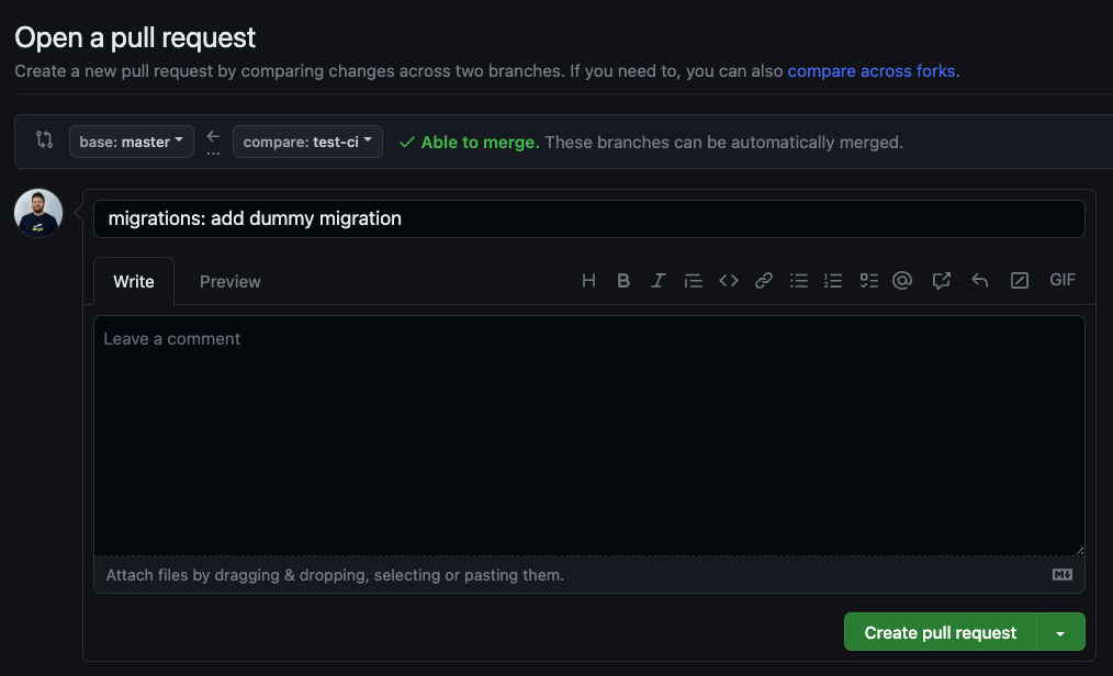 Screenshot of opening a new pull request on GitHub for the 'test-ci' branch.