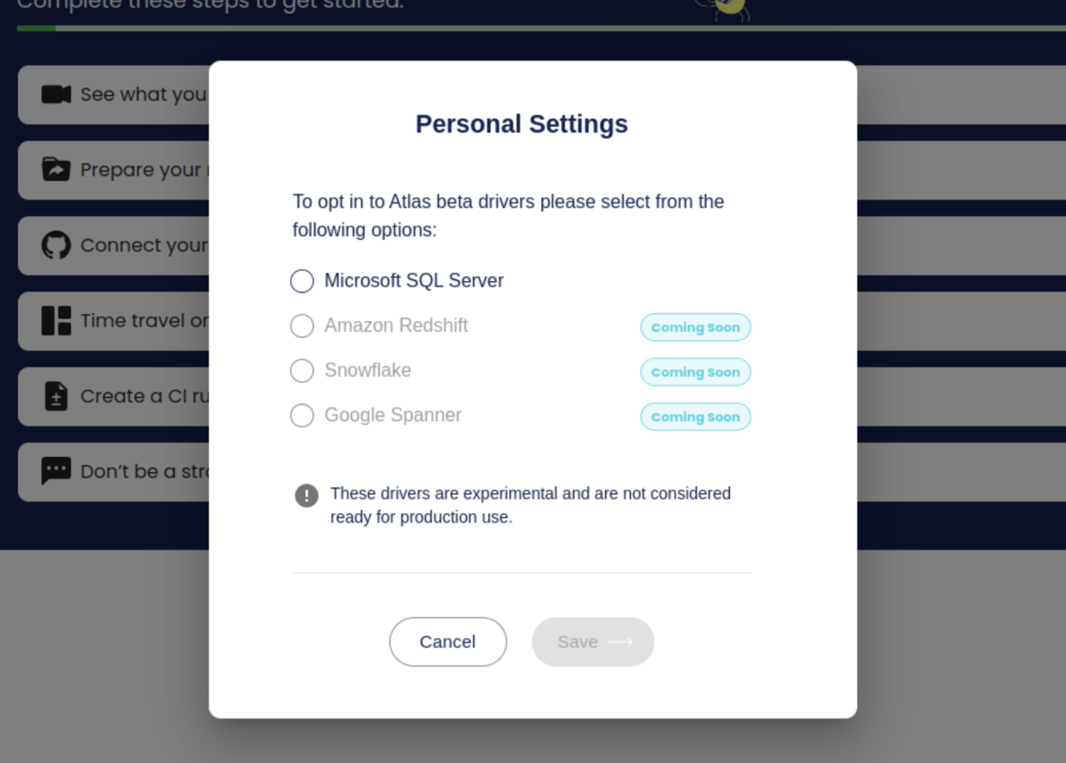 Screenshot of the Atlas Cloud personal settings page, showing the option to enable the Microsoft SQL Server driver beta