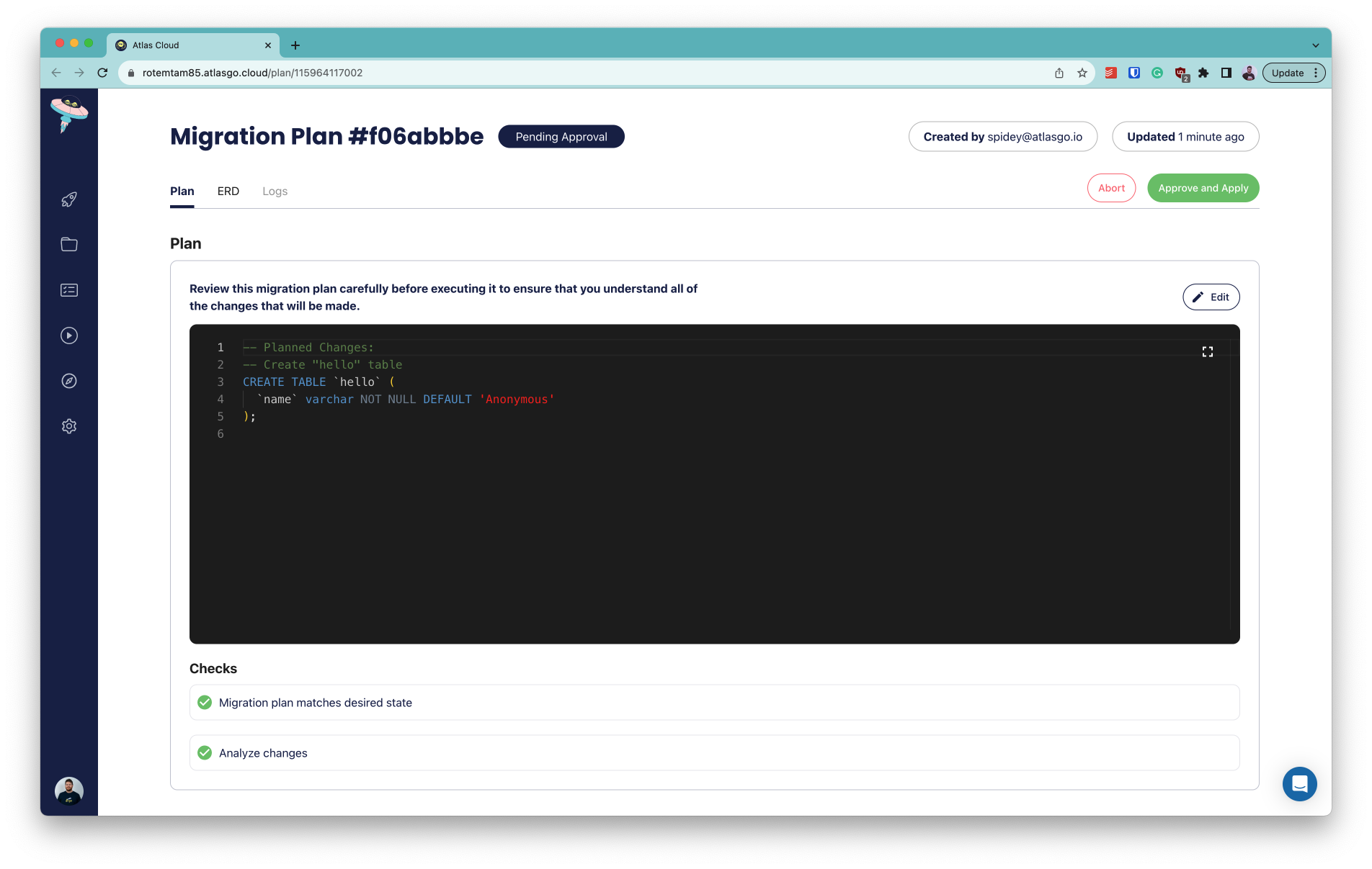 Screenshot of the Atlas Cloud interactive migration plan screen, showing the SQL plan and passing safety checks.
