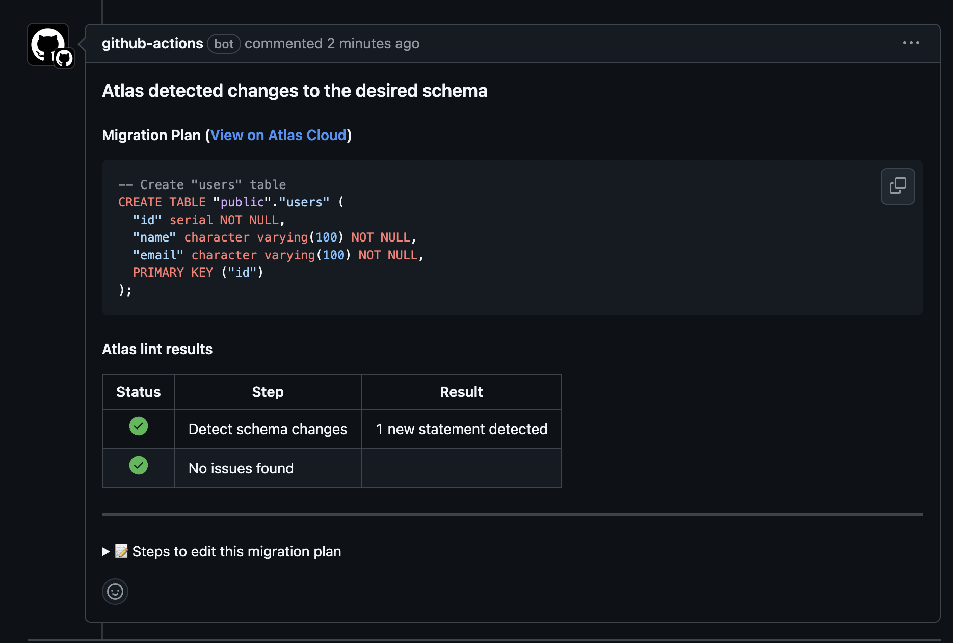 Screenshot of a GitHub pull request comment from Atlas, showing a migration plan to add an 'email' column.