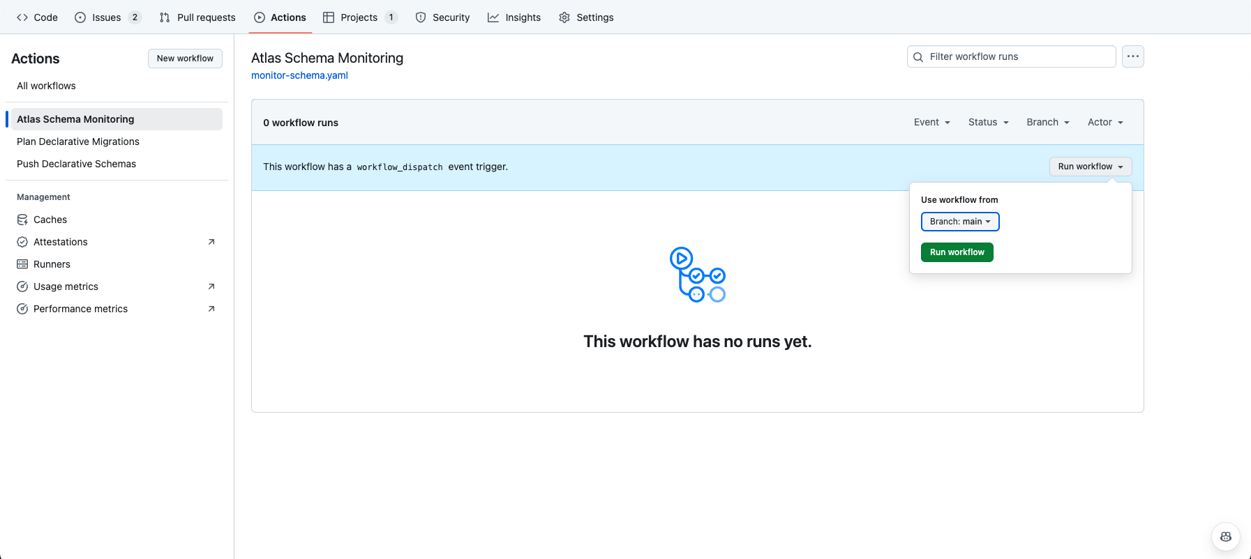 Screenshot of the GitHub Actions UI showing how to manually trigger the 'Atlas Schema Monitoring' workflow.