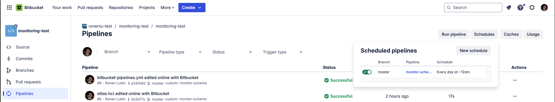Screenshot of the Bitbucket UI showing how to create a new scheduled pipeline for the 'monitor-schema' custom pipeline.