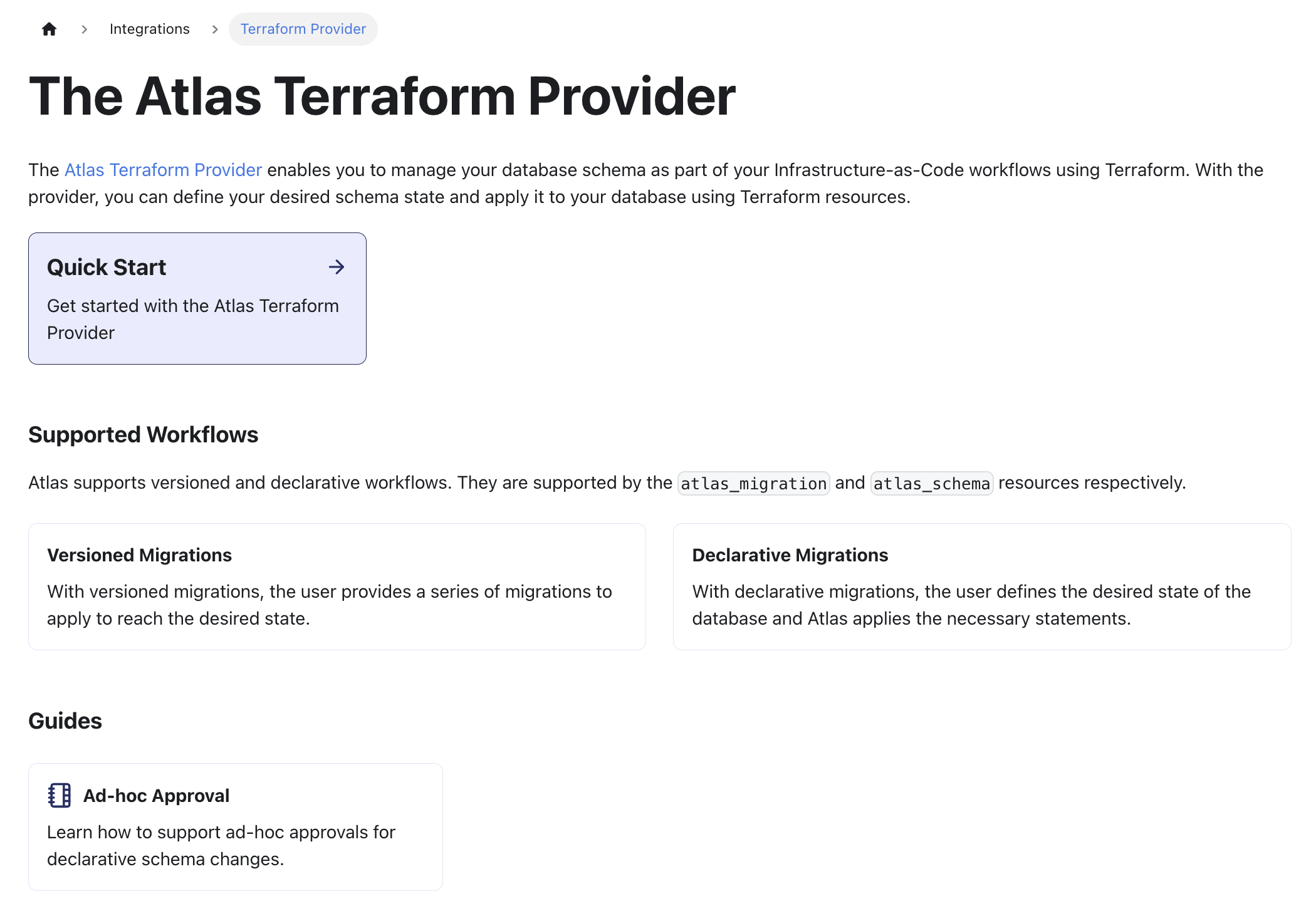 Screenshot of the new Atlas Terraform Documentation portal, showing a navigation sidebar and quickstart guides.
