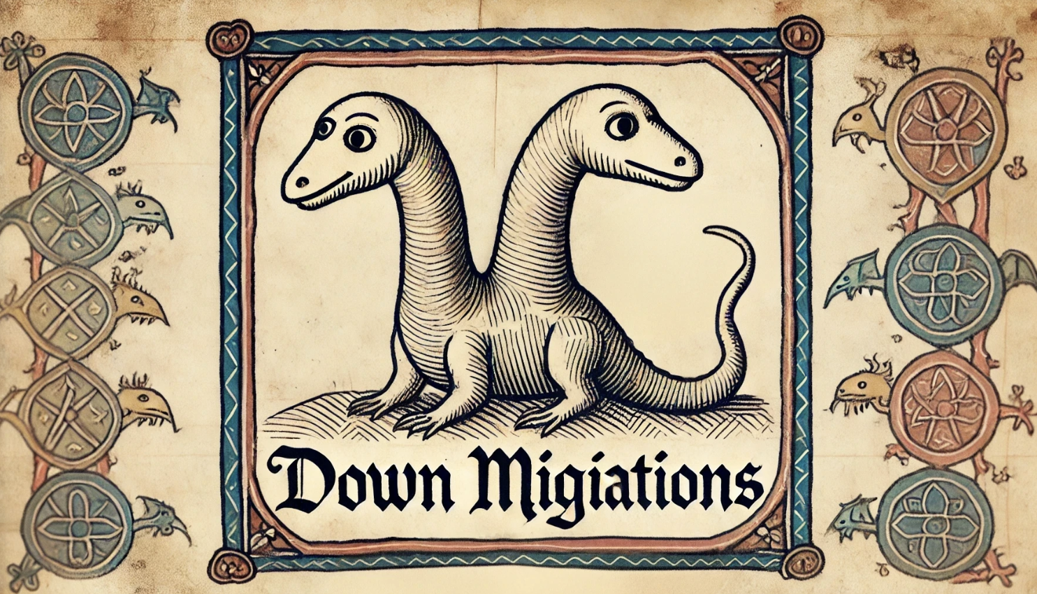 Illustration depicting the myth of down migrations, showing a developer confidently writing an 'up' script while the 'down' script leads to a pitfall.